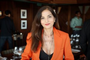 Yasmin Mills at the Fashion Minority Alliance David Harewood Disruptors Fireside series London Roof Gardens